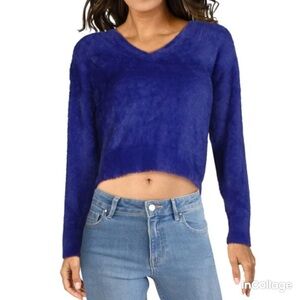 SPLENDID WOMAN’S FUZZY V-NECK CROP SWEATER ROYAL BLUE SIZE S